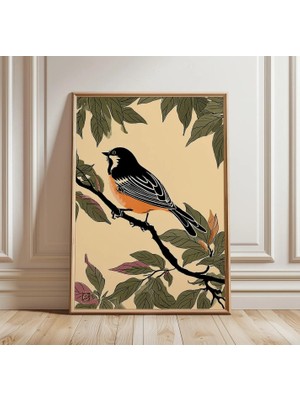 Ninastore Japon Kuşu Baskısı | Vintage Ahşap Baskı Duvar Sanatı | Doğa Posteri