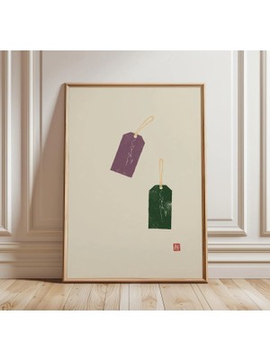 Ninastore Minimalist Japon Tarzı Duvar Sanatı | Mor ve Yeşil Ahşap Baskı | Wabi Sabi Posteri