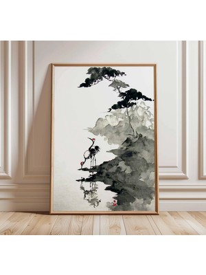 Ninastore Japon Turnası Baskısı Mürekkep Yıkama Resim Eski Asya Manzarası
