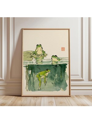 Ninastore Japon Kurbağası Suluboya Baskı | Gölet Doğa Duvar Sanatı | Minimalist Asya Hayvan Dekorasyonu