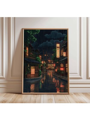 Ninastore Japon Sokaklarında Yağmurlu Bir Gece Posteri, Sokak Lambaları ve Yansımalar, Kentsel Japon Şehir Manzarası Sanat Baskısı, Japon Duvar Sanatı