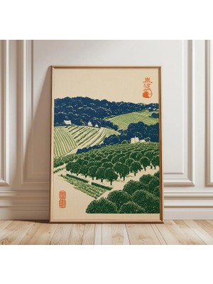 Ninastore Japon Meyve Bahçesi Manzarası Baskısı | Kırsal Vadi Duvar Sanatı | Yeşil Ağaç Manzarası Posteri