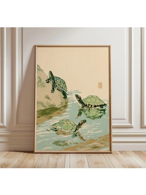 Ninastore Japon Kaplumbağası Duvar Sanatı | Asya Gölet Manzarası Posteri | Minimalist Sürüngen Dekorasyonu