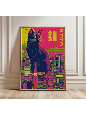Ninastore Dev Kedi Posteri | Tokyo Şehir Duvar Sanatı | Japon Kentsel Illüstrasyon Baskısı | Cesur Neon Grafik Poster