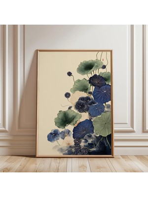 Ninastore Mavi Yeşil Botanik Poster | Japon Çiçek Illüstrasyonu | Minimalist Asya Doğa Duvar Sanatı