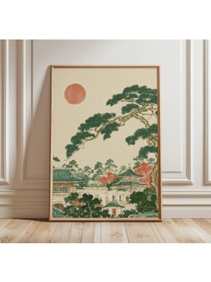 Ninastore Japon Çam Ağacı Baskısı | Asya Manzarası Duvar Sanatı | Kırmızı Güneş Posteri