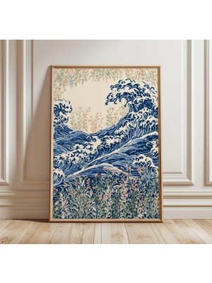 Ninastore Japon Okyanus Dalgaları Baskısı | Muhteşem Dalga Duvar Sanatı | Mavi Çiçekli Deniz Manzarası Posteri