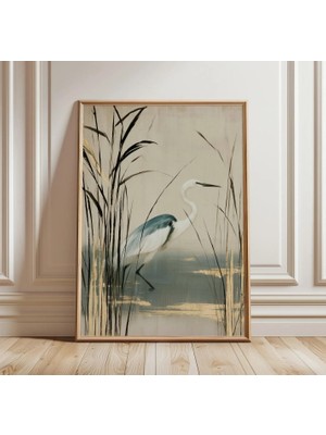 Ninastore Balıkçıl Bataklık Kuşu Baskısı | Japon Minimalist Balıkçıl Duvar Sanatı | Nötr Sulak Alan Manzarası Dekorasyonu