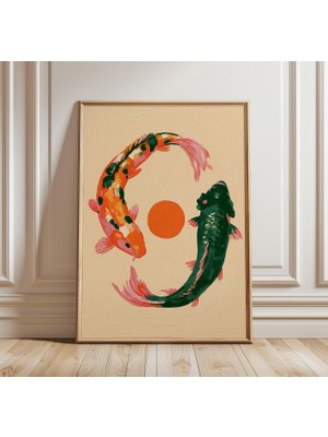 Ninastore Koi Balığı Duvar Sanatı | Japon Sazan Tablosu | Turuncu ve Yeşil Minimalist Dekorasyon