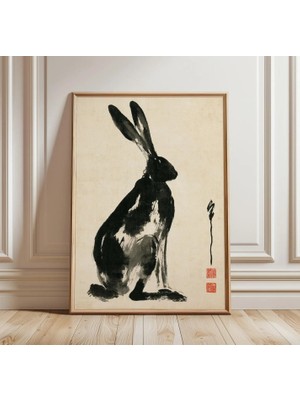 Ninastore Japon Tavşanı Mürekkep Baskı | Sumi-E Tavşan Duvar Sanatı | Minimalist Hayvan Dekorasyonu