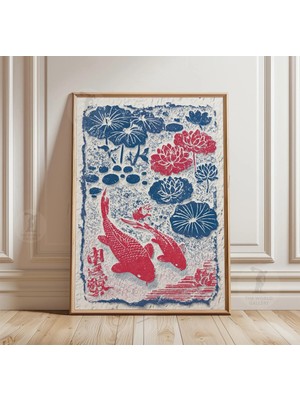 Ninastore Antik Koi Havuzu Ahşap Baskı | Japon Balık Sanatı Posteri Kırmızı Lotus Çiçeği Duvar Sanatı