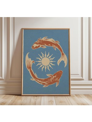 Ninastore Japon Koi Balığı Baskısı | Güneş Posteri | Mavi Duvar Sanatı