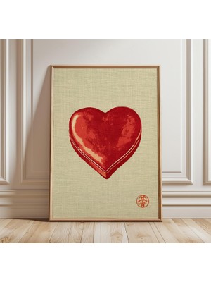 Ninastore Kırmızı Kalp Duvar Sanatı Baskısı | Vintage Japon Ahşap Baskı Aşk Posteri | Minimalist Romantik Dekorasyon