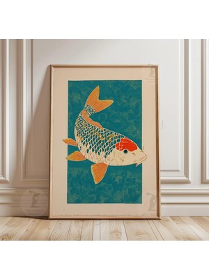 Ninastore Japon Koi Balığı Sanat Baskısı | Geleneksel Mavi ve Turuncu Tasarım