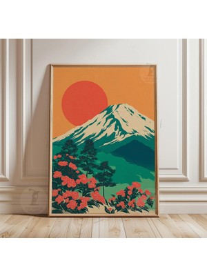 Ninastore Kırmızı Güneş Manzarası Duvar Sanatı | Turuncu ve Yeşil Dağ Posteri | Japon Tarzı Doğa