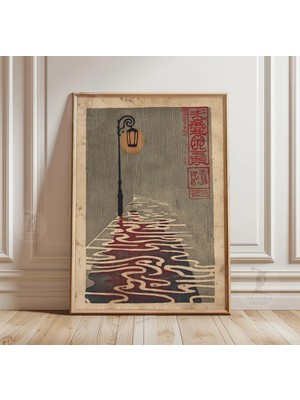 Ninastore Yağmurlu Sokak Lambası Posteri | Japon Tarzı Gece Manzarası Illüstrasyonu | Vintage Şehir Duvar Sanatı Baskısı