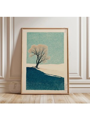 Ninastore Japon Kış Ağacı Sanat Baskısı | Turkuaz Manzara Modern Zen Dekorasyonu