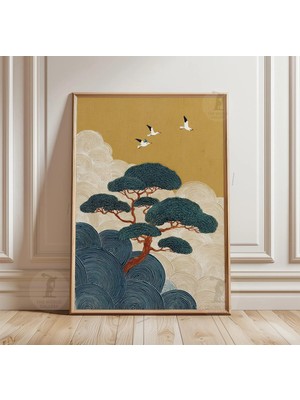 Ninastore Hardal Rengi Japon Ağacı Poster Baskısı | Turkuaz Dalgalı Manzara Duvar Sanatı | Asya Doğası Illüstrasyonu