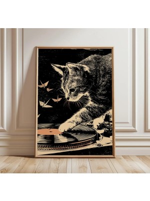 Ninastore Kedi Dj Vinil Plak Posteri | Japon Origami Turna Duvar Sanatı | Müziksever Hediyesi