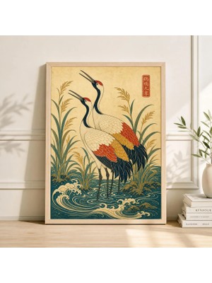 Ninastore Renkli Turna Çifti Japon Ahşap Baskı Tarzı Kuş Duvar Sanatı Posteri