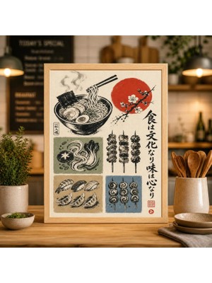 Ninastore Japon Yemekleri Posteri: Suşi Ramen Yakitori – Sumi-E Fırça Tarzı Mutfak Sanatı