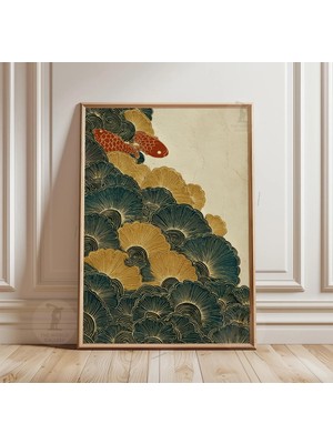 Ninastore Koi Balığı ve Dalga Desenli Poster | Japon Esintili Duvar Sanatı Baskısı | Botanik Okyanus Illüstrasyonu