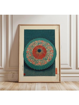 Ninastore Japon Wagasa Şemsiyesi Sanat Baskısı | Turkuaz ve Kırmızı Ahşap Baskı Tarzı