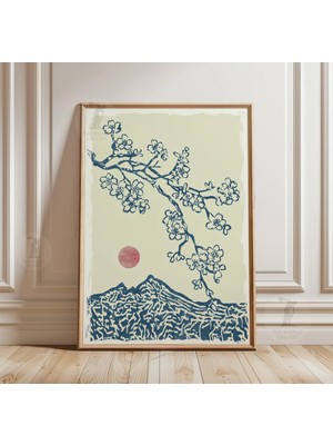 Ninastore Eski Japon Ahşap Baskı | Kırmızı Güneş Kiraz Çiçekleri Fuji Dağı Manzara Posteri