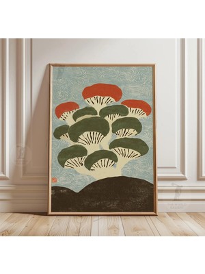 Ninastore Japon Mantarı Baskısı | Yeşil Kırmızı Botanik Ahşap Baskı Tarzı Duvar Sanatı