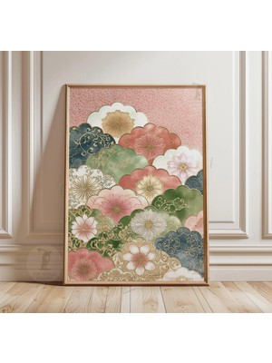 Ninastore Pembe ve Yeşil Çiçekli Poster | Japon Esintili Botanik Duvar Sanatı | Vintage Desen Illüstrasyonu