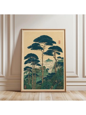 Ninastore Japon Çam Ormanı Posteri | Yeşil Turkuaz Dağ Manzarası | Vintage Ahşap Baskı Tarzı Sanat Eseri