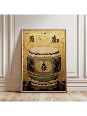 Ninastore Altın Taiko Davul Posteri | Japon Vurmalı Çalgı Illüstrasyonu | Geleneksel Enstrüman Sanatı