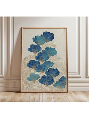 Ninastore Mavi Botanik Poster Baskısı | Japon Ginkgo Yaprağı Duvar Sanatı | Turkuaz Doğa Illüstrasyonu