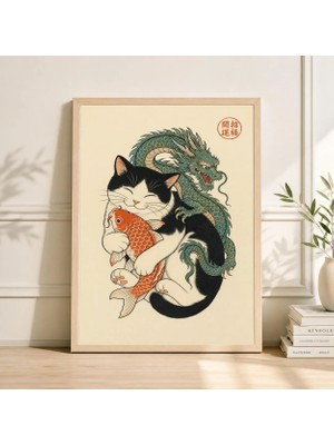 Ninastore Japon Kedi Dövme Sanatı Baskısı Koi Balığı Ejderha Posteri Ukiyo-E Oryantal Duvar Dekoru