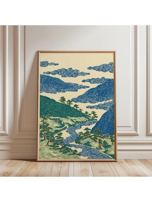 Ninastore Mavi Yeşil Nehir Manzarası Posteri | Japon Ahşap Baskı Tarzı Dağlar | Vintage Doğa Duvar Sanatı