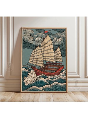 Ninastore Japon Yelkenli Gemisi Duvar Sanatı Ahşap Baskı Okyanus Desenli Denizcilik Temalı Kağıt Dekor