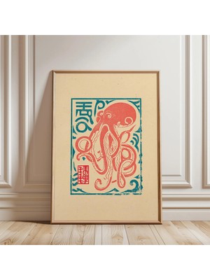 Ninastore Kırmızı Ahtapot Posteri | Japon Linol Baskı Illüstrasyonu | Grafik Deniz Sanatı