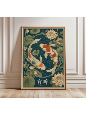 Ninastore Japon Koi Balığı Baskısı Oryantal Zen Duvar Sanatı Lotus Havuzu