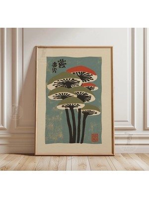 Ninastore Japon Mantarı Baskısı | Yeşil Kırmızı Botanik Ahşap Baskı Tarzı Sanat (Minimalist Doğa Dekorasyonu)