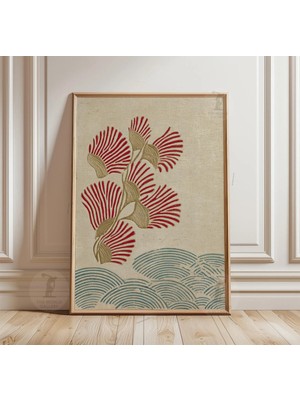 Ninastore Kırmızı Çiçekli Poster Baskı | Japon Botanik Duvar Sanatı | Turkuaz Dalga Desenli Illüstrasyon