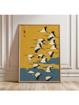 Ninastore Uçan Turna Posteri Sarı Mavi Kuş Sanatı Japon Illüstrasyonu
