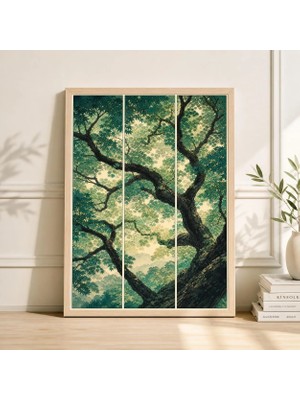 Ninastore Japon Ormanı Gölgelik Poster Seti Yeşil Ağaç Dalı Üçlü Tablo Doğa Duvar Sanatı