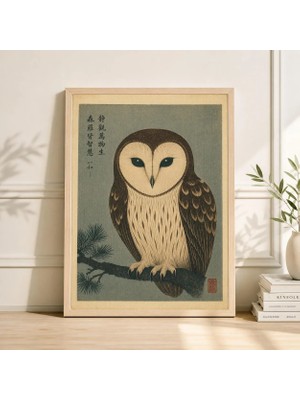 Ninastore Japon Baykuşu Sanat Baskısı, Vintage Ahşap Baskı Tarzı Hayvan Posteri