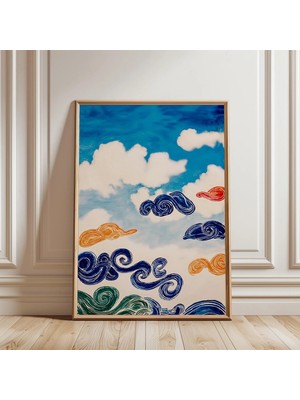 Ninastore Mavi Bulut Posteri | Soyut Gökyüzü Illüstrasyonu | Japon Girdap Bulut Sanatı
