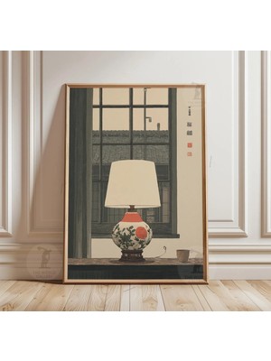 Ninastore Japon Masa Lambası Posteri | Minimalist Iç Mekan Illüstrasyonu | Tokyo Pencere Manzarası Duvar Sanatı