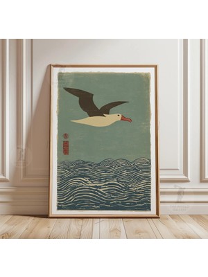 Ninastore Martı Okyanus Posteri | Japon Dalga Kuşu Baskısı | Minimalist Kıyı Ahşap Baskı Tarzı Duvar Sanatı