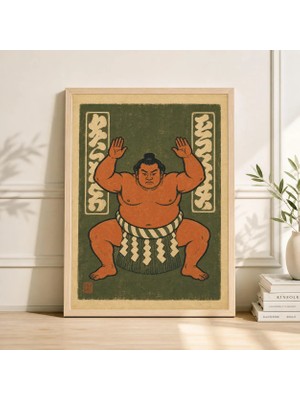 Ninastore Sumo Güreşçisi Posteri Yeşil Kırmızı Linol Baskı Tarzı Kağıt Duvar Sanatı Vintage Japon Halk Sanatı