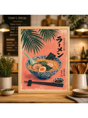 Ninastore Japon Ramen Posteri Mercan ve Mavi Kase Illüstrasyonu Minimalist Asya Mutfağı Duvar Sanatı