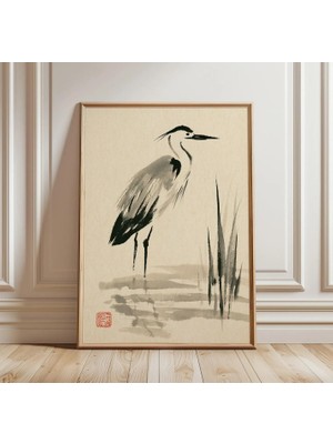 Ninastore Japon Balıkçıl Kuşu Mürekkep Yıkama Resmi | Minimalist Kuş Duvar Sanatı | Asya Su Kuşu Baskısı