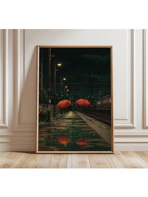 Ninastore Yağmurlu Gece Şemsiye Sokak Posteri Japon Tarzı Duvar Sanatı Kasvetli Şehir Yağmur Baskısı Koyu Yeşil Turuncu Dekor Japon Illüstrasyonu